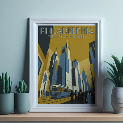 Framed art print of Philadelphia skyscrapers and trolley, text reads "Philadelphia The City of Progress".