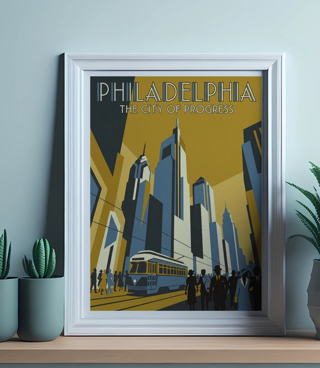 Framed art print of Philadelphia skyscrapers and trolley, text reads "Philadelphia The City of Progress".