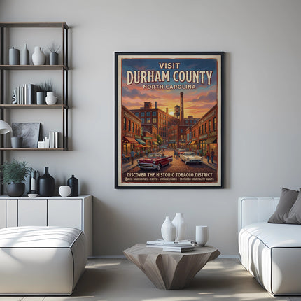 Vintage travel poster of Durham County, North Carolina with brick buildings and cars.