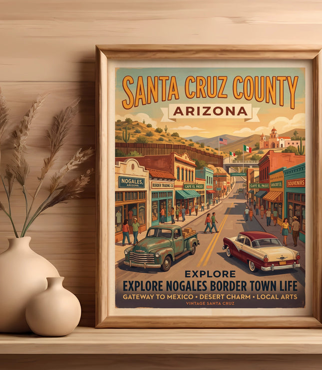 Santa Cruz County Arizona vintage travel poster with street scene and text.
