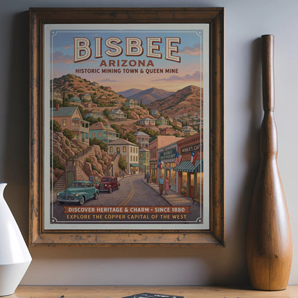 Bisbee Arizona poster showing historic town, mining and Queen Mine.