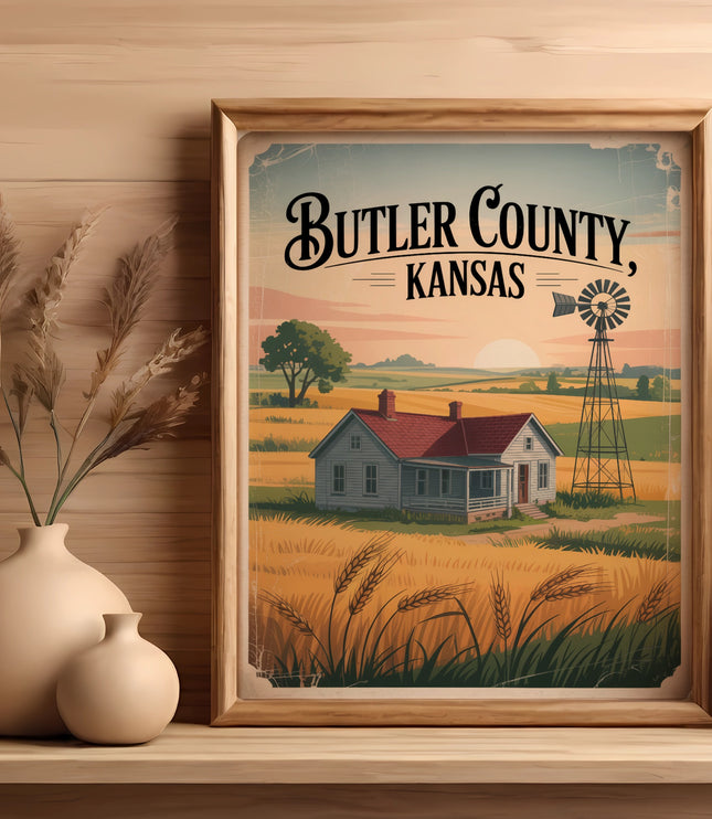 Framed illustration of a farmhouse with a windmill in a golden field, "Butler County, Kansas" text.