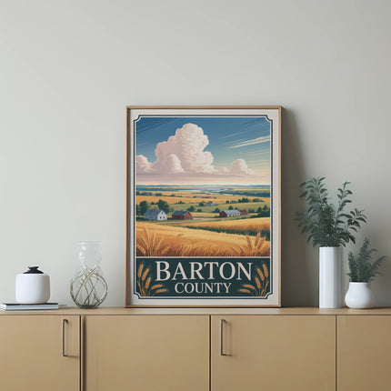 Art print depicting a rural landscape with text "BARTON COUNTY".