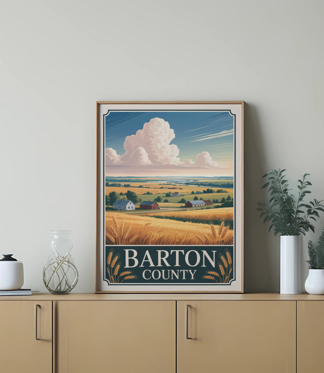 Art print depicting a rural landscape with text "BARTON COUNTY".