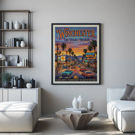 Retro poster of Winchester, Las Vegas, Nevada with motels, cars, and palm trees.