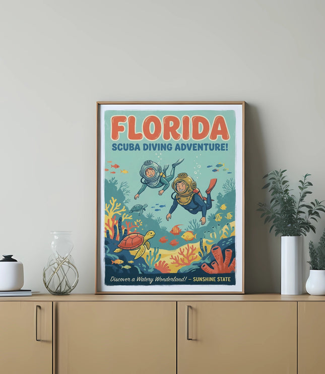 Florida Scuba Diving Adventure poster featuring divers, sea turtle, and fish.