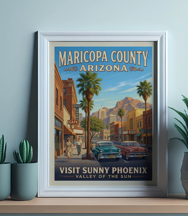 Maricopa County, Arizona vintage travel poster with text "Visit Sunny Phoenix".