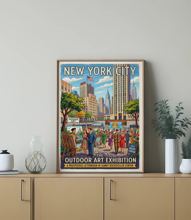 New York City Outdoor Art Exhibition poster with Rockefeller Center scene.