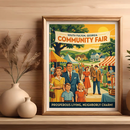 Vintage poster of the South Fulton Community Fair with a smiling family.