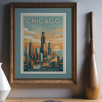 Framed Chicago Illinois skyline art with Willis Tower and the Windy City text.
