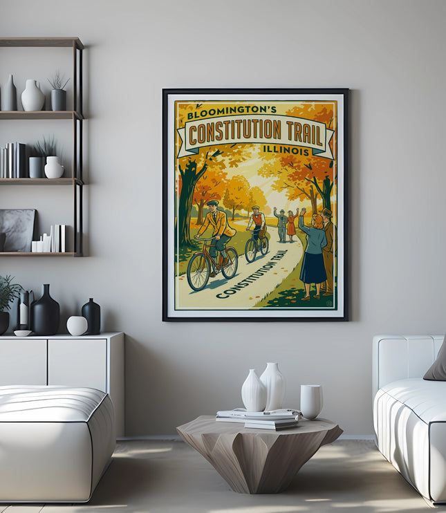 Poster of Bloomington's Constitution Trail, Illinois, with people biking and waving.