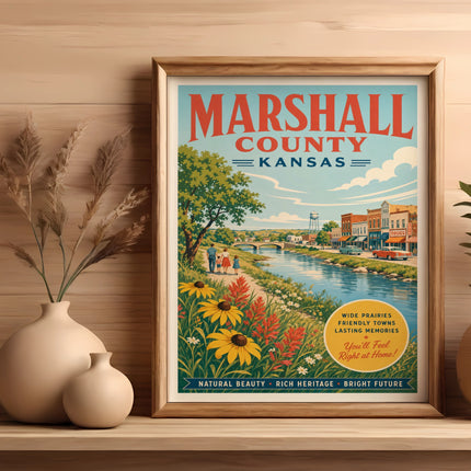Vintage travel poster for Marshall County, Kansas, featuring a river and town scene.