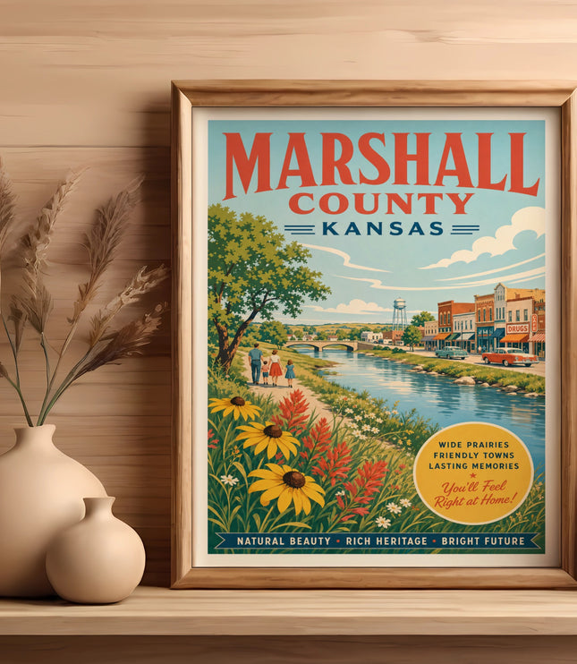 Vintage travel poster for Marshall County, Kansas, featuring a river and town scene.