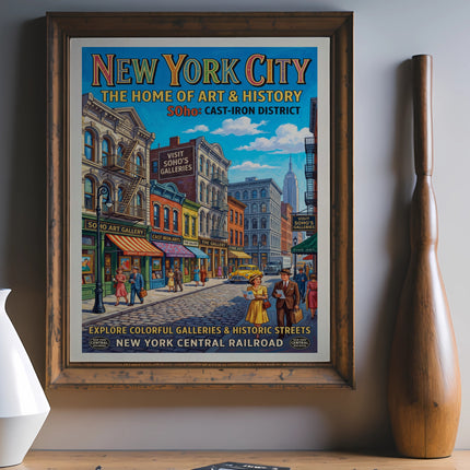 Vintage New York City poster depicting Soho's cast-iron district and galleries.