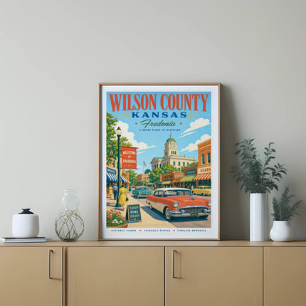 Vintage Wilson County, Kansas Fredonia travel poster with classic cars and buildings.