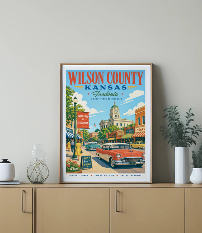 Vintage Wilson County, Kansas Fredonia travel poster with classic cars and buildings.