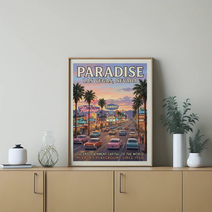 Retro Las Vegas strip illustration with vintage cars and neon signs.