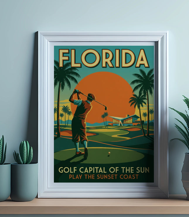 Florida golf art showing a golfer with the text "Golf Capital of the Sun."