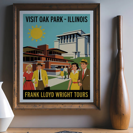 Retro poster for Frank Lloyd Wright Tours in Oak Park, Illinois.