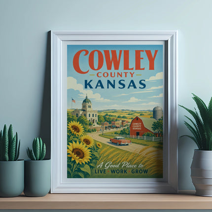 Cowley County Kansas vintage travel poster with sunflowers and a red car.