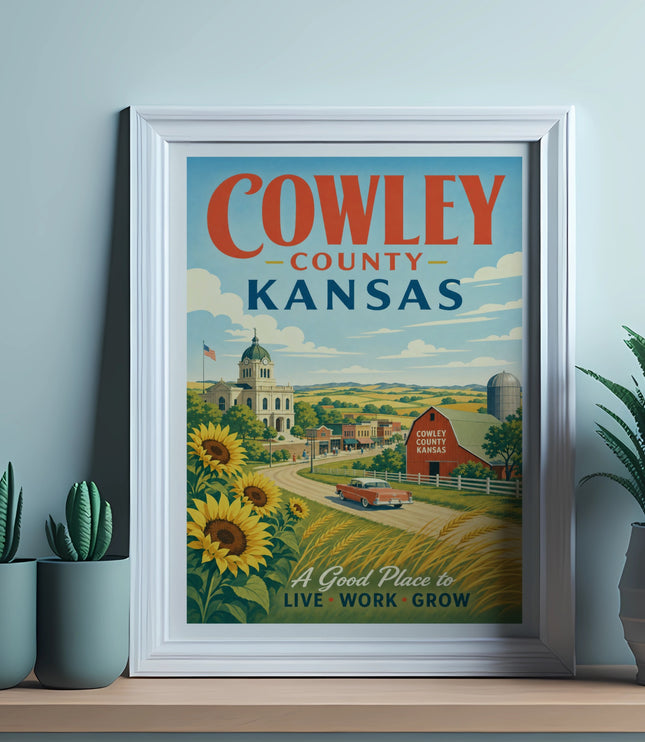 Cowley County Kansas vintage travel poster with sunflowers and a red car.