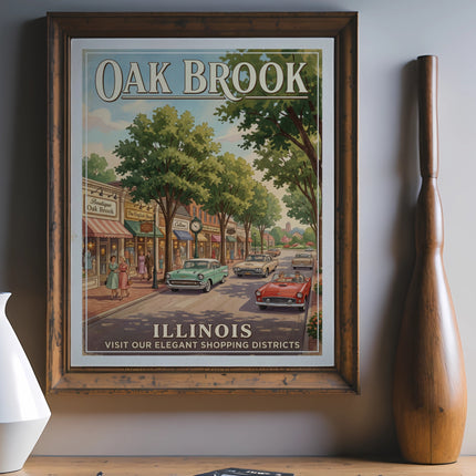 Framed "Oak Brook Illinois" poster depicting vintage shops and cars on a street.