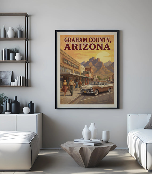 Vintage poster of Graham County, Arizona with a classic car and sunlit mountains.