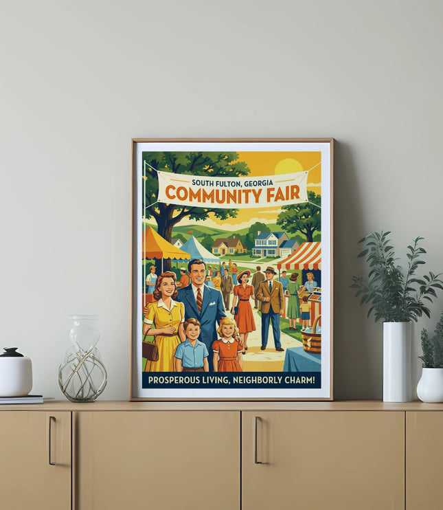 Poster for South Fulton, Georgia Community Fair with a family and fair scene.