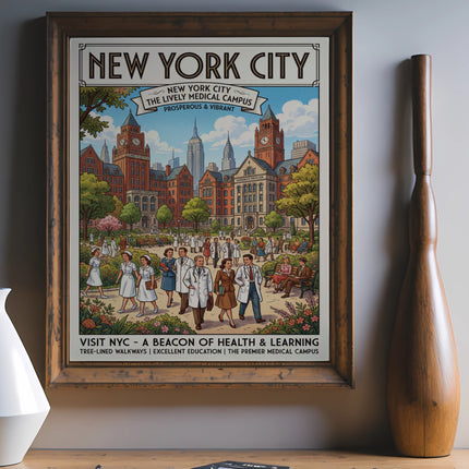 New York City Medical Campus poster with hospital buildings, staff, and visitors.