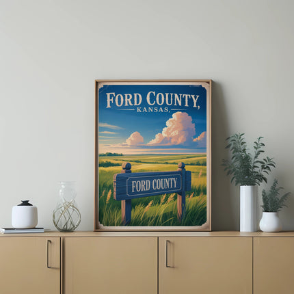 Ford County, Kansas sign in a field with clouds and plants.