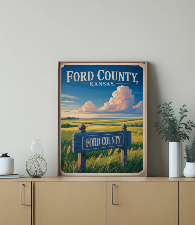 Ford County, Kansas sign in a field with clouds and plants.