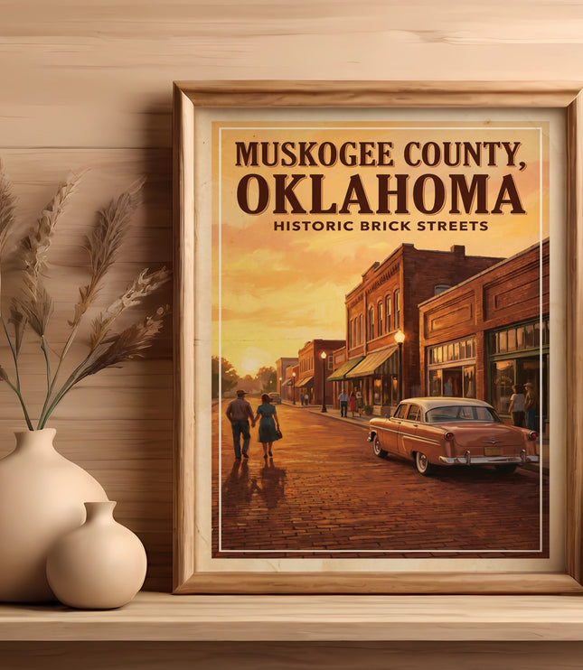 Poster of Muskogee County, Oklahoma with historic brick streets, vintage car, and couple.