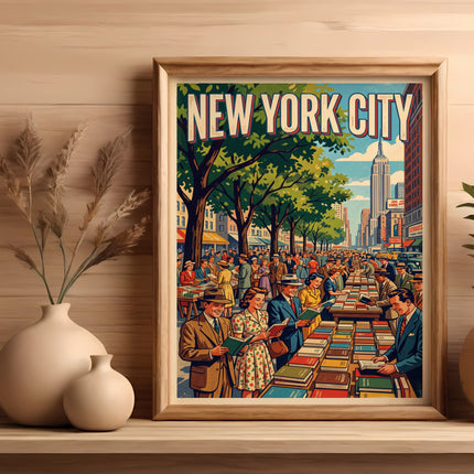 Vintage New York City street scene with people browsing book stalls.