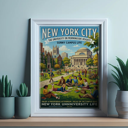 New York University poster depicting sunny campus life with students relaxing.