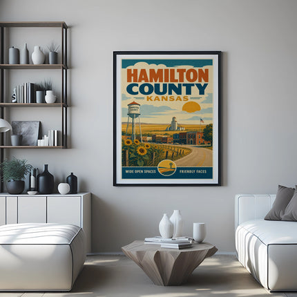 Hamilton County Kansas vintage travel poster with sunflowers and farm scene.
