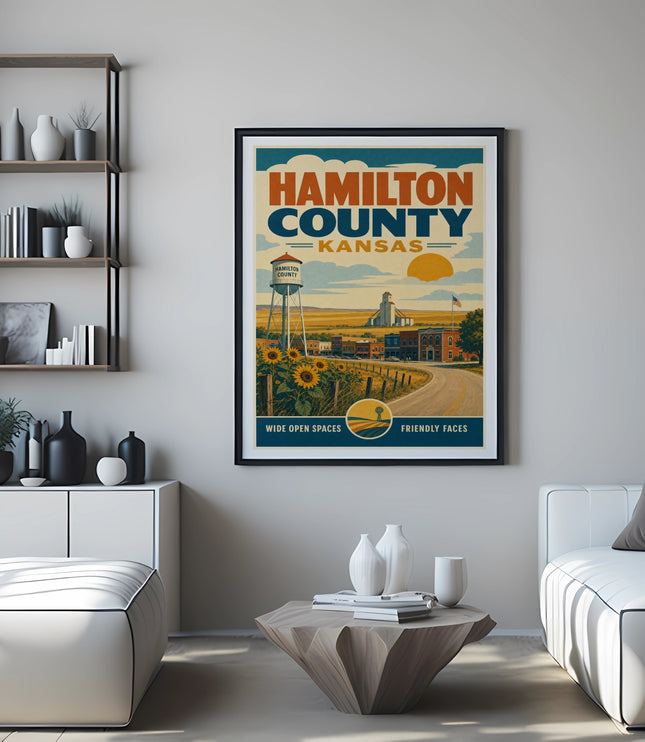 Hamilton County Kansas vintage travel poster with sunflowers and farm scene.