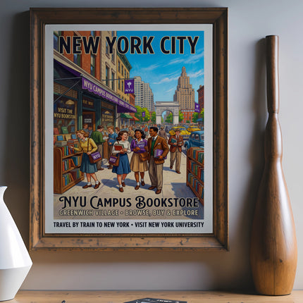 Vintage New York City poster for NYU Bookstore, Greenwich Village.