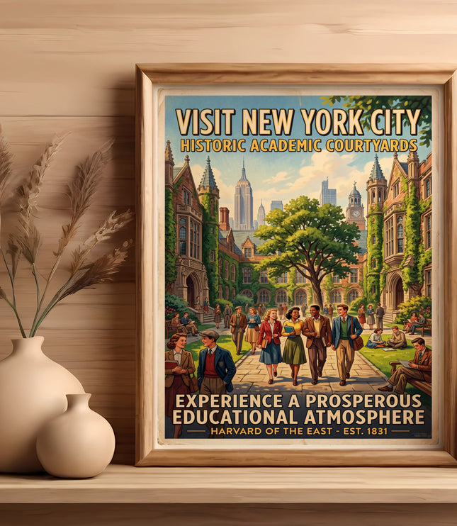 Visit New York City historic academic courtyards poster with people walking.