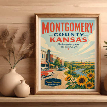 Montgomery County Kansas poster with vintage town and sunflowers.