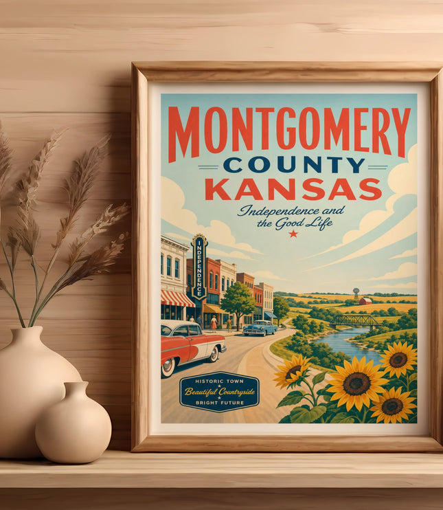 Montgomery County Kansas poster with vintage town and sunflowers.