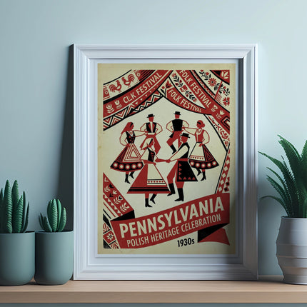 Pennsylvania Polish Heritage Festival 1930s folk dance poster in framed artwork.