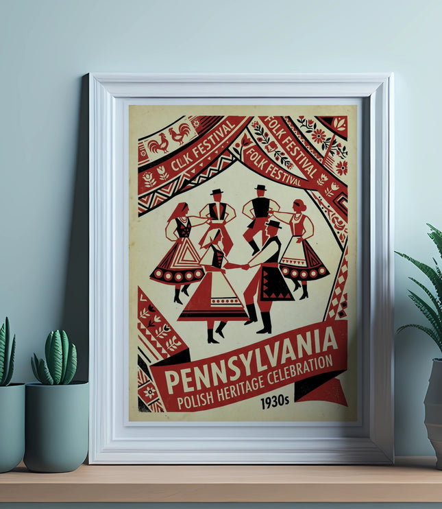 Pennsylvania Polish Heritage Festival 1930s folk dance poster in framed artwork.