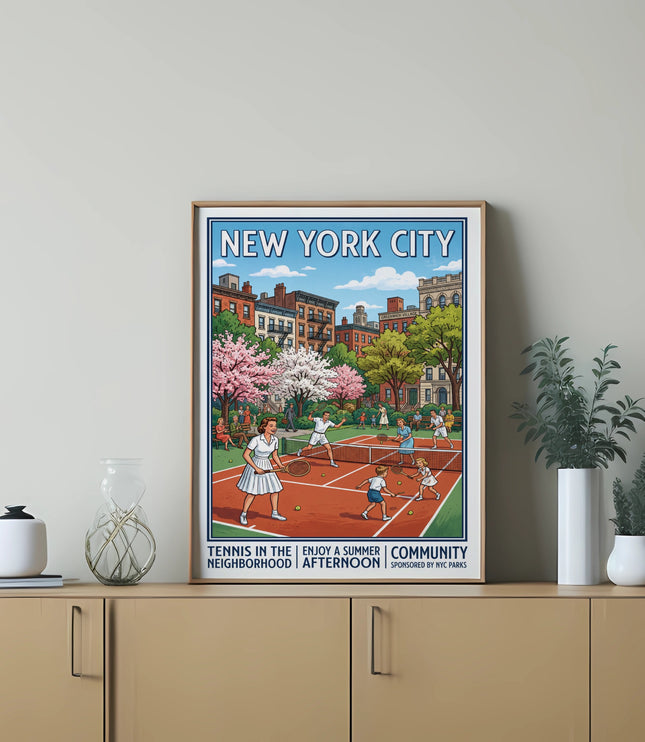 New York City poster of people playing tennis in a park with "Greenwich Village" text.