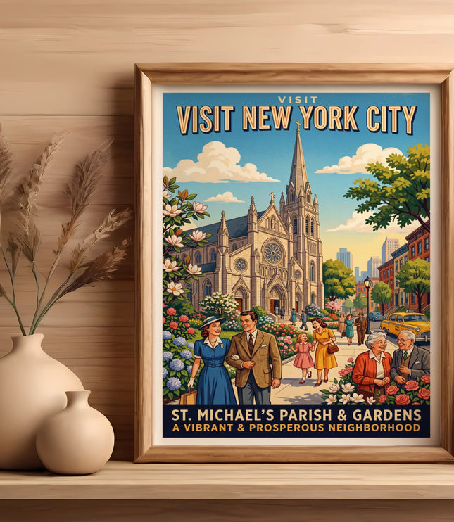 Vintage poster of St. Michael's Parish & Gardens in New York City.