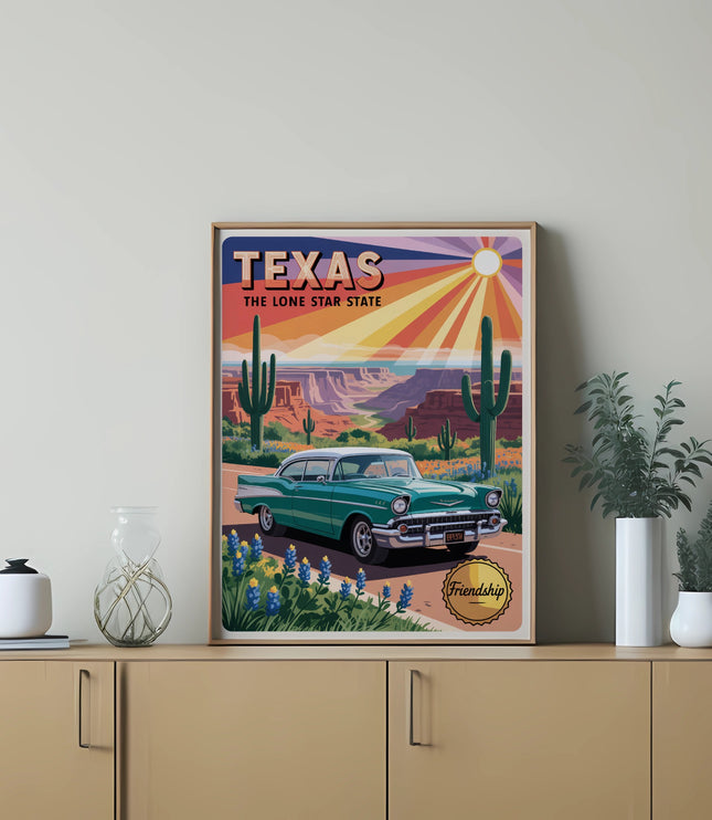 Retro Texas wall art featuring a green vintage car driving through a desert landscape.
