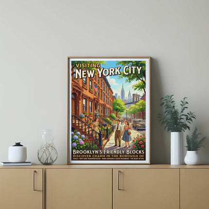 Visiting New York City Brooklyn's Friendly Blocks vintage travel poster.