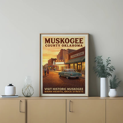 Muskogee County Oklahoma vintage poster with a classic car and buildings.