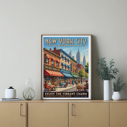 New York City travel poster featuring neighborhood cafes and buildings.