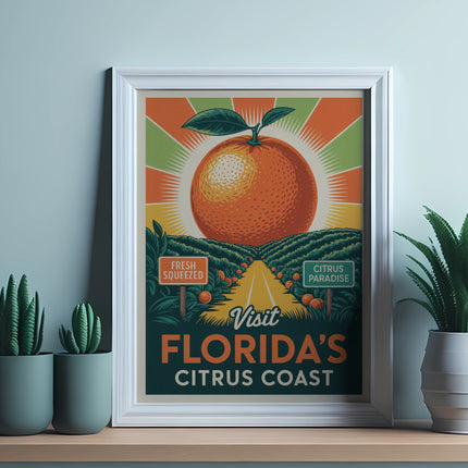 Vintage Florida Citrus Coast poster with orange, road, and cacti.