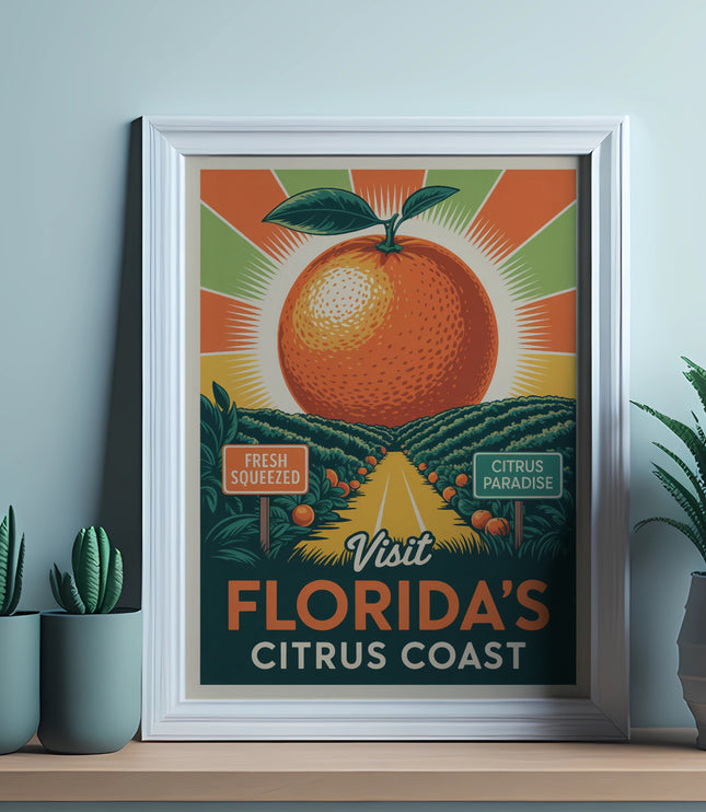 Vintage Florida Citrus Coast poster with orange, road, and cacti.